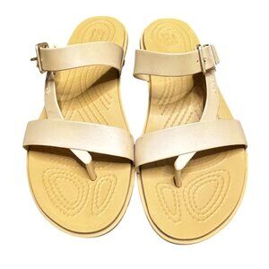 Crocs Tulum Toe Post Sandals Sz 7 Beige Buckle Iconic Comfort Thong Slides Women